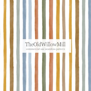 May include: A seamless pattern featuring vertical stripes in various colors, including mustard yellow, olive green, and muted orange, against a white background. The text "TheOldWillowMill commercial use seamless pattern" is displayed in a white rectangle.