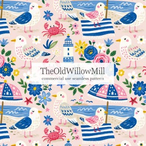 May include: A repeating pattern with seagulls, crabs, flowers, beach umbrellas, and a lighthouse on a pale pink backdrop. The text "TheOldWillowMill commercial use seamless pattern" is displayed.