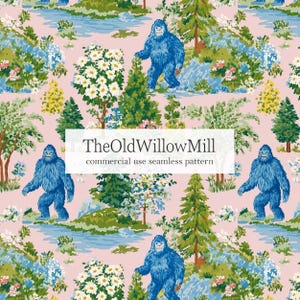 May include: A seamless pattern featuring blue Bigfoot figures, green pine trees, and white flowers on a light pink background. A white rectangular overlay displays the text TheOldWillowMill commercial use seamless pattern.