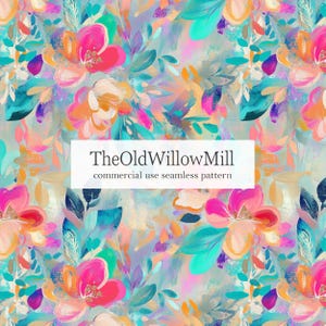Peut inclure: Motif floral abstrait aux couleurs vives, avec des touches de rose, d'orange, de turquoise et de violet. Le motif présente des coups de pinceau picturaux et le texte "TheOldWillowMill commercial use seamless pattern".