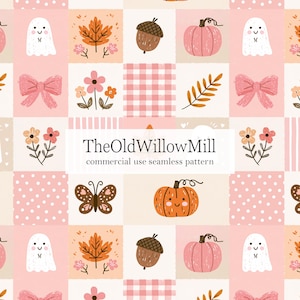 May include: A seamless pattern featuring a grid of squares with illustrations of white ghosts, pink bows, orange pumpkins, brown acorns, butterflies, and flowers. The text reads TheOldWillowMill commercial use seamless pattern.