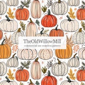 May include: A seamless pattern featuring orange and cream pumpkins with black outlines, interspersed with small leaves and berries on a light striped background. The text TheOldWillowMill commercial use seamless pattern is centred.