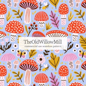 May include: Seamless pattern featuring red and pink mushrooms with white spots, along with yellow and pink leaves, flowers, and butterflies on a light blue background. The text "TheOldWillowMill commercial use seamless pattern" is displayed.