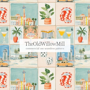 May include: Seamless pattern featuring Las Vegas landmarks, casino chips, dice, and cocktails. The design includes the text "TheOldWillowMill commercial use seamless pattern". The color palette includes shades of blue, orange, and green.