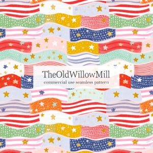 May include: A seamless pattern featuring wavy horizontal bands in red, yellow, green, blue, and pink, decorated with scattered gold stars. The text TheOldWillowMill commercial use seamless pattern is centered over the repeating graphic design.