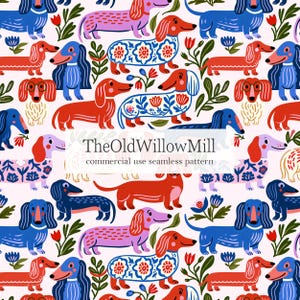 Könnte beinhalten: Ein sich wiederholendes Muster von Dackel-Hunden in Rot, Blau und Rosa, mit floralen Akzenten auf hellrosa Hintergrund. Der Text "TheOldWillowMill commercial use seamless pattern" ist sichtbar.