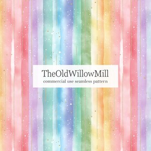 May include: A seamless watercolour pattern with vertical stripes in a rainbow of colours, including red, pink, purple, green, blue, and yellow. The design features gold accents and the text "TheOldWillowMill commercial use seamless pattern" in a white rectangle.