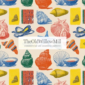 以下が含まれることがあります： 赤、青、オレンジ、黄色、緑の色合いで、貝殻、ボウル、抽象的な形が描かれたシームレスパターン。テキスト「TheOldWillowMill commercial use seamless pattern」が白い長方形で表示されています。