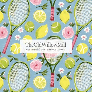 May include: A seamless pattern featuring tennis rackets, tennis balls, lemons, and pink roses on a light blue background. The rackets are green with pink handles. The text "TheOldWillowMill commercial use seamless pattern" is displayed.