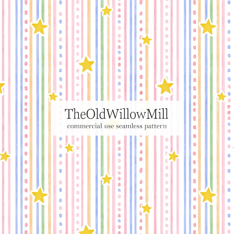 Puede incluir: Un patr&oacute;n sin costuras con rayas verticales en rosa, azul, verde y naranja pastel, intercaladas con l&iacute;neas punteadas y estrellas amarillas. El texto TheOldWillowMill commercial use seamless pattern est&aacute; centrado en el dise&ntilde;o.
