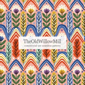May include: A seamless pattern with a repeating floral design. The pattern features stylized flowers, leaves, and geometric shapes in shades of pink, blue, yellow, orange, and green. The text "TheOldWillowMill commercial use seamless pattern" is displayed.