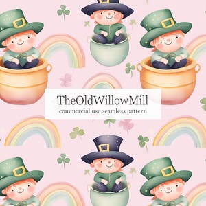 May include: A repeating pattern with cartoon leprechauns in green outfits and hats, sitting in pots of gold and cauldrons. Rainbows and clovers are on a pink background. The text "TheOldWillowMill commercial use seamless pattern" is displayed.