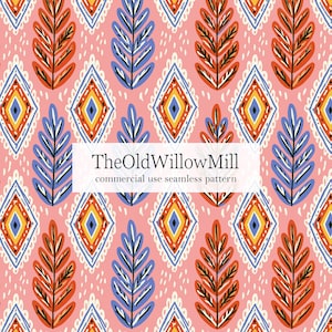 May include: A repeating seamless pattern featuring stylized leaves and diamond shapes in orange, blue, yellow, and white on a pink backdrop. The text "TheOldWillowMill commercial use seamless pattern" is displayed.