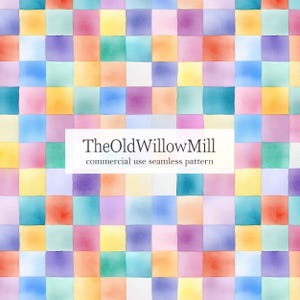 May include: A colorful, seamless pattern featuring a grid of watercolor squares in various pastel shades. The squares are in shades of blue, purple, pink, yellow, orange, and green. The text "TheOldWillowMill commercial use seamless pattern" is displayed in a white rectangle.