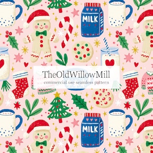 May include: A festive seamless pattern featuring Christmas elements on a pink background. Gingerbread men, candy canes, Christmas trees, milk cartons, mugs, cookies, and stockings are repeated throughout the design. The text "TheOldWillowMill commercial use seamless pattern" is also present.