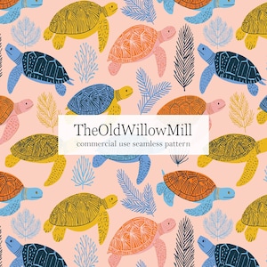 May include: Seamless pattern featuring colorful sea turtles in shades of blue, yellow, and orange, with coral and fern accents on a light pink background. The text "TheOldWillowMill commercial use seamless pattern" is displayed.
