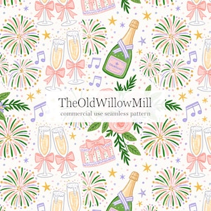 May include: A seamless pattern featuring illustrations of champagne bottles, flutes with bows, fireworks, gift boxes, musical notes, and stars on a white background. The text TheOldWillowMill commercial use seamless pattern is centered.