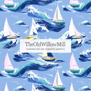 blauwe zeilachtergrond, naadloos patroon zeilboot, digitaal oceaangolfbestand, regatta-ontwerp, naadloze sportprint, bootrepeterende tegel, jpeg