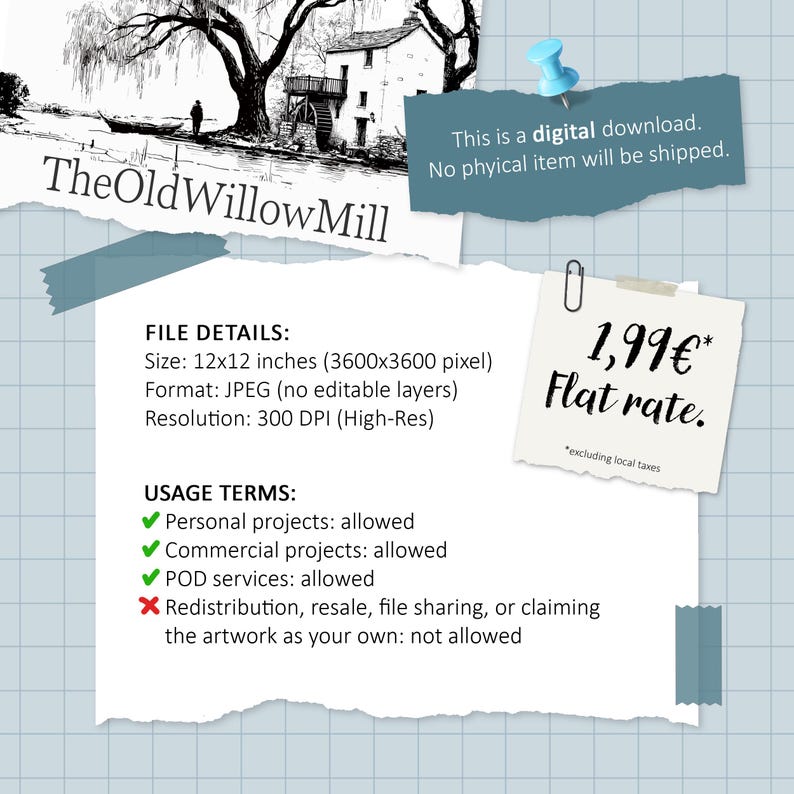 Puede incluir: Una descarga digital con una ilustraci&oacute;n en tinta negra y blanca de TheOldWillowMill. La imagen incluye texto que detalla las especificaciones del archivo, un tama&ntilde;o de 30,48x30,48 cm, resoluci&oacute;n de 300 DPI, formato JPEG y t&eacute;rminos de uso para proyectos personales y comerciales.
