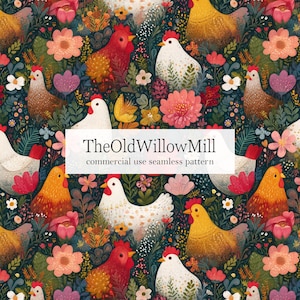 Peut inclure: Un motif sans couture avec des poulets et des fleurs colorés sur un fond sombre. Le motif comprend diverses races de poulets, des fleurs rouges, roses et jaunes, et du feuillage vert. Le texte "TheOldWillowMill commercial use seamless pattern" est visible.