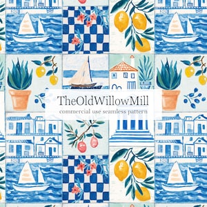 Peut inclure: Un motif sans couture avec des illustrations à l'aquarelle de voiliers, de citrons, de plantes en pot et de bâtiments côtiers. Le motif comprend des carrés bleus et blancs à carreaux et le texte "TheOldWillowMill commercial use seamless pattern".