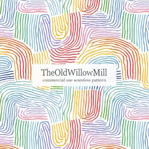 Puede incluir: Patrón sin costuras con líneas curvas coloridas en un arcoíris de tonos, incluyendo rojo, naranja, amarillo, verde, azul y morado, sobre un fondo blanco. Se muestra el texto "TheOldWillowMill commercial use seamless pattern".
