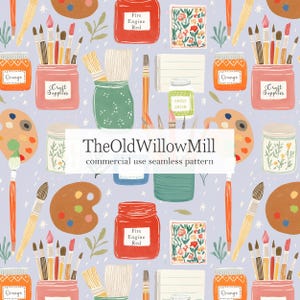 May include: A seamless pattern on a light purple background featuring illustrations of paintbrushes, paint palettes, jars labelled Orange and Fire Engine Red, and small floral art prints with the text TheOldWillowMill commercial use seamless pattern.