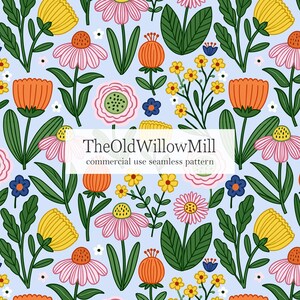 Pode incluir: Padrão floral sem costura com flores estilizadas em amarelo, rosa, laranja e azul sobre um fundo azul claro. O design inclui vários tipos de flores e folhas verdes. Texto: "TheOldWillowMill commercial use seamless pattern."