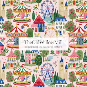 Könnte beinhalten: Ein nahtloses Muster mit einer skurrilen Jahrmarktszene mit Karussells, Riesenrädern und farbenfrohen Gebäuden auf rosa Hintergrund. Der Text "TheOldWillowMill commercial use seamless pattern" ist mittig platziert.
