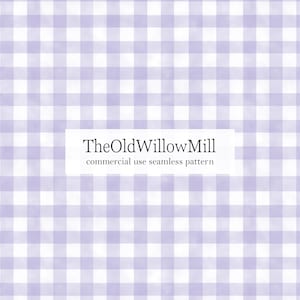 May include: A seamless pattern featuring a light purple and white gingham design. The pattern is composed of evenly spaced squares, creating a classic checkered effect. The text "TheOldWillowMill commercial use seamless pattern" is displayed in a white rectangle.