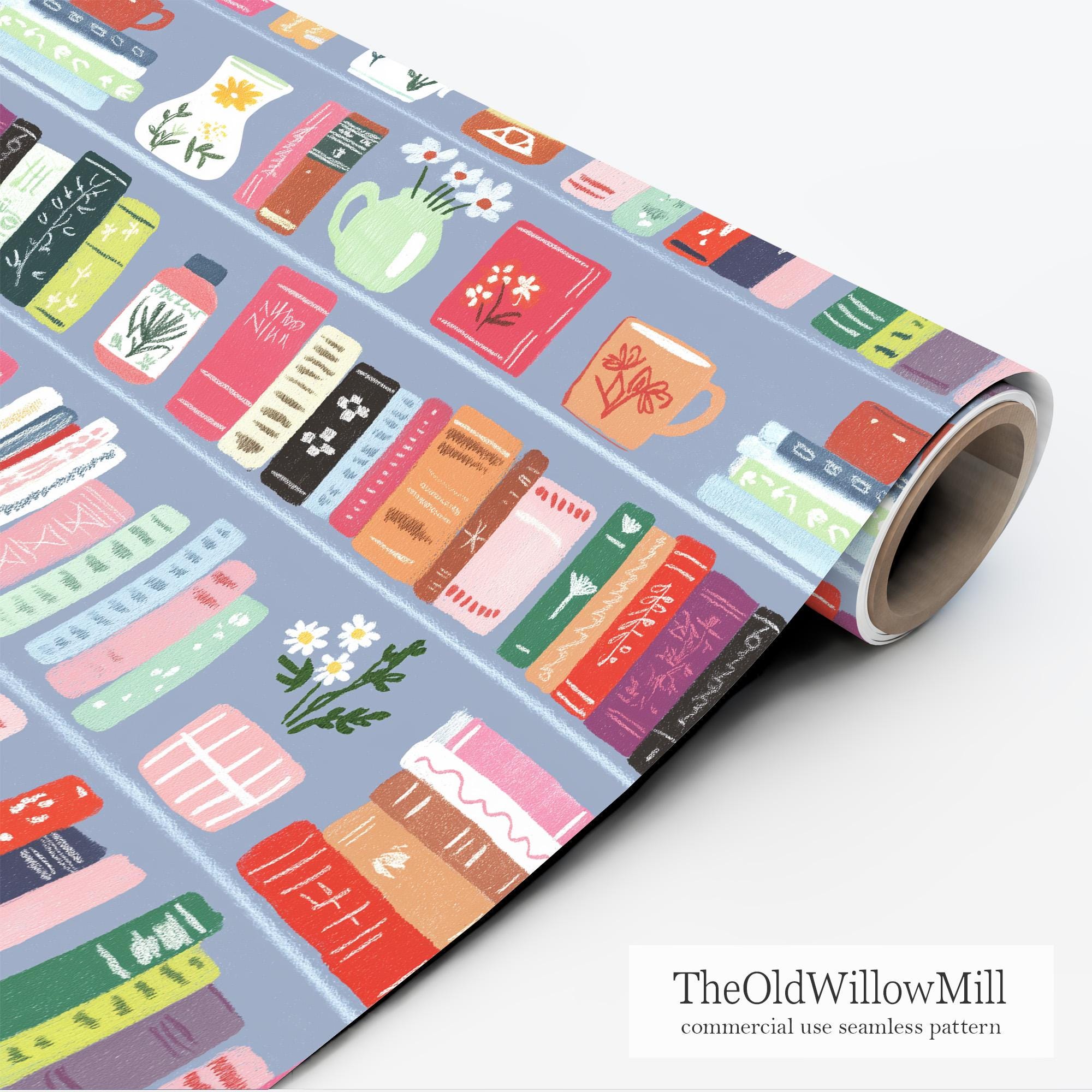 Seamless Bookshelf Pattern, Painterly Book Seamless Design, Preppy Book ...
