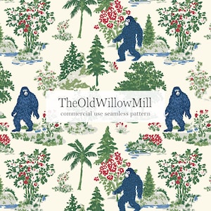 May include: A seamless pattern on a cream background featuring dark blue Bigfoot figures, green pine trees, palm trees, and clusters of red and white flowers. The text TheOldWillowMill commercial use seamless pattern is centered in white.
