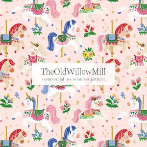 May include: Seamless pattern featuring carousel horses with red, pink, and blue manes and tails, adorned with floral accents and decorative saddles. The horses are set against a light pink background with scattered stars and flowers. Text: TheOldWillowMill commercial use seamless pattern.