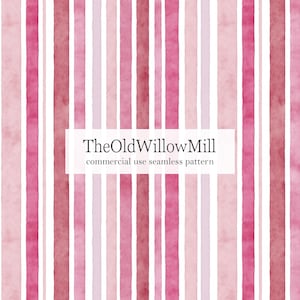 May include: Watercolor seamless pattern featuring vertical stripes in shades of pink and white. TheOldWillowMill text is displayed on a white rectangle, with the text "commercial use seamless pattern" below it.