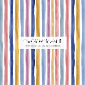 Puede incluir: Patrón sin costuras con rayas verticales de acuarela en varios colores, incluyendo rosa, azul, amarillo y morado. El texto "TheOldWillowMill" y "commercial use seamless pattern" se muestran en un rectángulo blanco.