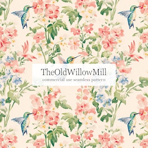 May include: Watercolor floral pattern featuring pink, blue, and white flowers with green leaves and hummingbirds. The text "TheOldWillowMill commercial use seamless pattern" is displayed on a white banner.