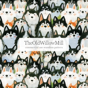 May include: A seamless pattern featuring a repeating illustration of dogs with black, white, and orange fur. A white rectangular overlay in the centre displays the black text TheOldWillowMill commercial use seamless pattern.