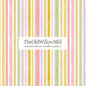 May include: Seamless pattern with vertical stripes in pastel colors: pink, yellow, and green. The text "TheOldWillowMill commercial use seamless pattern" is displayed on a white rectangle.