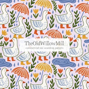 May include: Seamless pattern featuring white geese wearing orange boots, orange umbrellas, and yellow flowers on a light purple background. Raindrops and puddles are also present. The text "TheOldWillowMill" and "commercial use seamless pattern" are displayed.