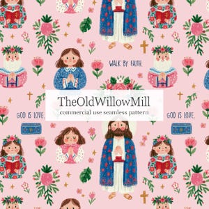 May include: A seamless pattern on a light pink background featuring illustrations of figures in blue robes, people with hands clasped in prayer, floral arrangements, small crosses, and blue rectangular boxes. Text reads: TheOldWillowMill, WALK BY FAITH, GOD IS LOVE.