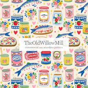 Könnte beinhalten: Nahtloses Muster mit Sardinen, Blumensträußen und Gläsern mit floralen Designs. Das Design umfasst Sardinen auf Toast, Sardinen in Dosen und Gläser mit Fischillustrationen. Der Text "TheOldWillowMill" und "commercial use seamless pattern" sind ebenfalls sichtbar.