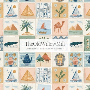 May include: Seamless pattern featuring Egyptian-themed illustrations. The design includes pyramids, sailboats, camels, palm trees, and hieroglyphs, all arranged in a grid. The color palette consists of soft blues, pinks, and yellows, creating a vintage aesthetic. The text "TheOldWillowMill" is visible.