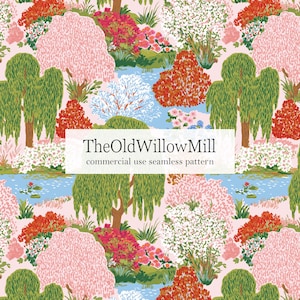 May include: A seamless pattern featuring a landscape with weeping willow trees, flowering bushes in shades of pink, red, and white, and blue water elements. The text TheOldWillowMill commercial use seamless pattern is centered on the image.