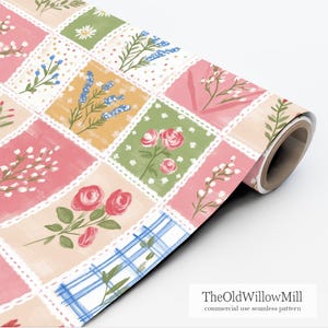 Fondo de patchwork veraniego, archivo digital botánico preppy, papel digital floral veraniego, patrón floral shabby chic sin costuras, archivo imprimible imagen 4
