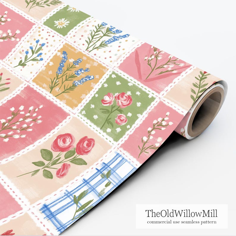 Fondo de patchwork veraniego, archivo digital botánico preppy, papel digital floral veraniego, patrón floral shabby chic sin costuras, archivo imprimible imagen 4