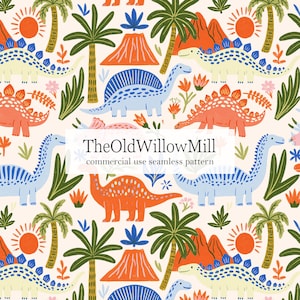 May include: A seamless pattern featuring colorful dinosaurs, palm trees, volcanoes, and suns on a cream background. The dinosaurs are in shades of blue, orange, and yellow. The text "TheOldWillowMill commercial use seamless pattern" is also visible.