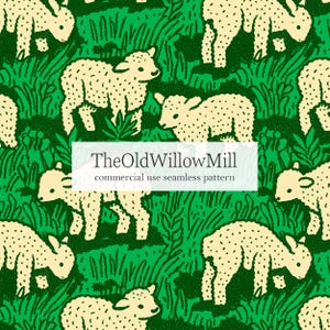 May include: A seamless pattern featuring cream-colored lambs grazing in a green field with tall grass. The lambs have dotted bodies and are set against a dark green background. The text "TheOldWillowMill commercial use seamless pattern" is in a white rectangle.