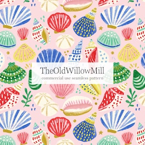 May include: A seamless pattern featuring colorful seashells in shades of red, blue, yellow, and green on a light pink background. The design includes various shell shapes and sizes, with the text "TheOldWillowMill" and "commercial use seamless pattern".