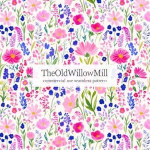 May include: A seamless floral pattern featuring pink, blue, and purple flowers on a cream background. The design includes various flower types and green foliage. The text "TheOldWillowMill commercial use seamless pattern" is displayed.