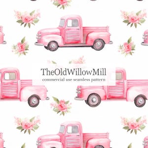 Könnte beinhalten: Nahtloses Muster mit rosa Oldtimer-Pickups und Blumensträußen auf weißem Hintergrund. Der Text "TheOldWillowMill commercial use seamless pattern" ist zu sehen. Geeignet für verschiedene Anwendungen.